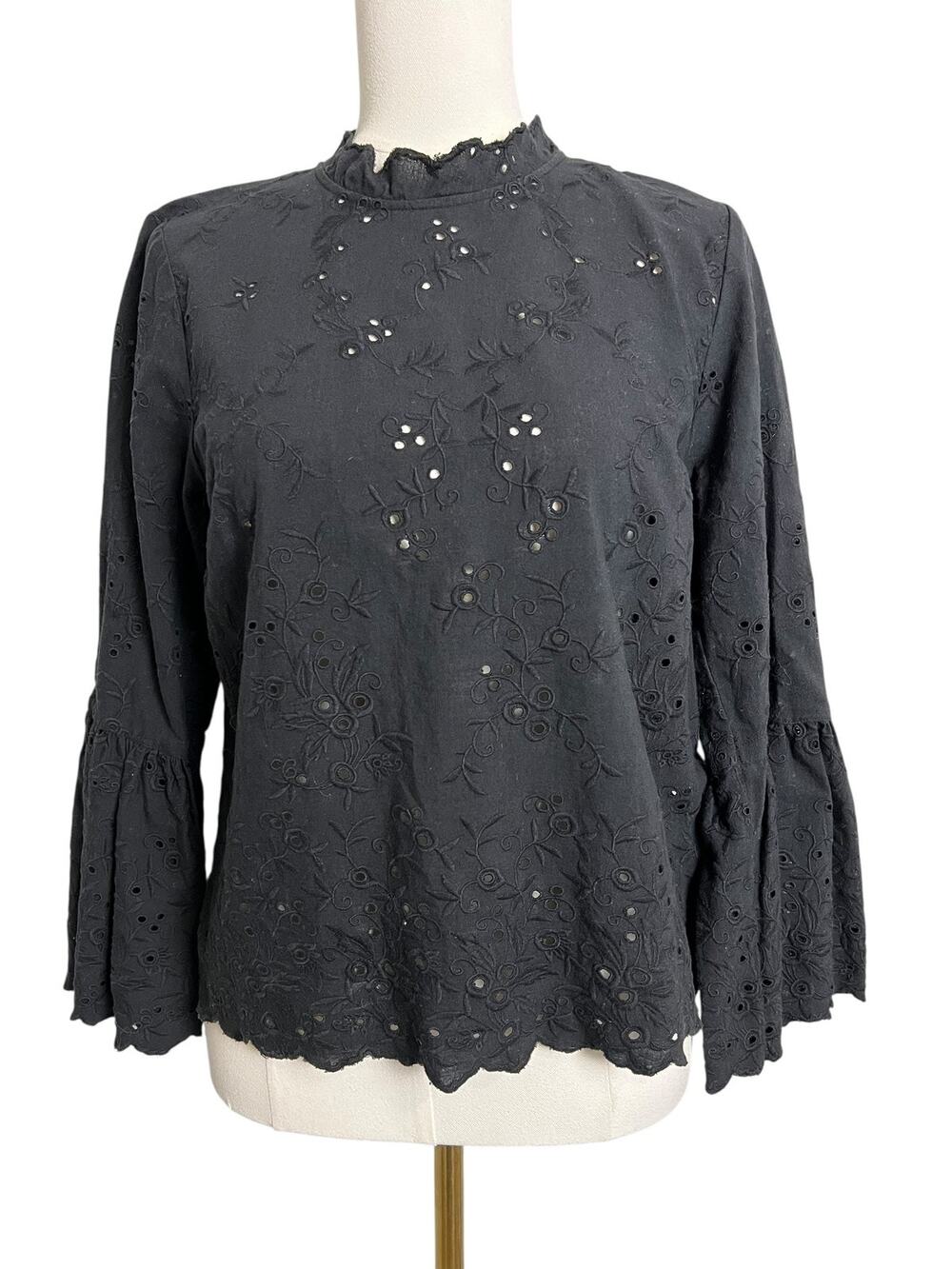 Ulla Johnson Blouse Womens 6 Black Embroidered Eyelet Bell Sleeve Mock Neck Top